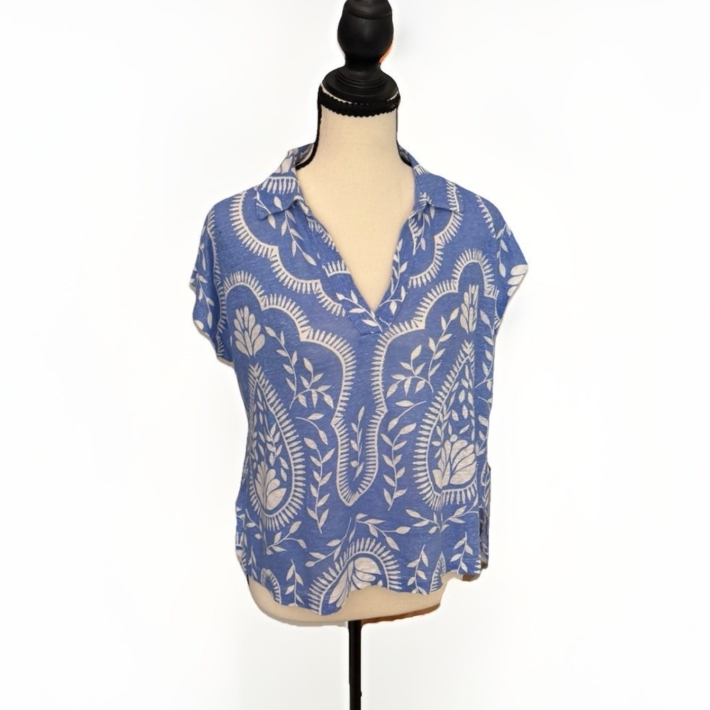 Joie‎ 100% Linen Coastal Resort Paisley Top Blue White Large